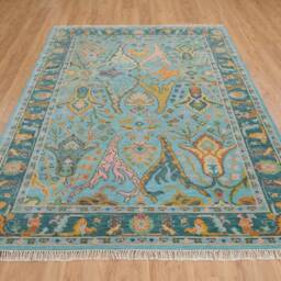 Teal Oushak Rug, Hand-Knotted Wool Area Caribbean Blue Floral Ar_3608 - thumbnail 2