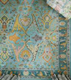 Teal Oushak Rug, Hand-Knotted Wool Area Caribbean Blue Floral Ar_3608 - thumbnail 1