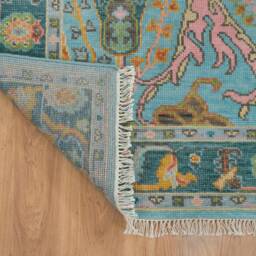Teal Oushak Rug, Hand-Knotted Wool Area Caribbean Blue Floral Ar_3608 - thumbnail 3