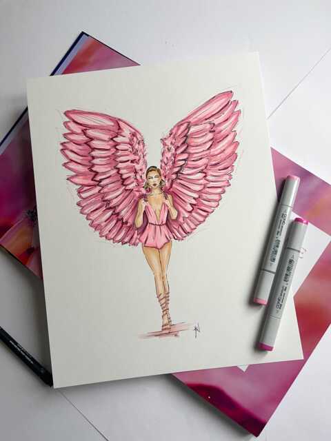 Original She's An Angel Fashion Art, Runway Inspired Illustration