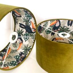 New High Quality Luxury Double Sided Olive Green & Toucan Bird Botanical Print Combination Lamp Shade Drum Pendant Light - thumbnail 2