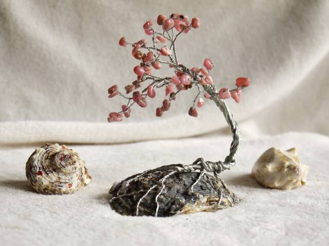 Rhodonite Sculpture, Silver Wire Tree, Tree Of Life, Artificial Bonsai, Seashell Art, Nature Inspired, Housewarming Gift, Pink Gemstone - image 1