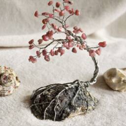 Rhodonite Sculpture, Silver Wire Tree, Tree Of Life, Artificial Bonsai, Seashell Art, Nature Inspired, Housewarming Gift, Pink Gemstone - thumbnail 2