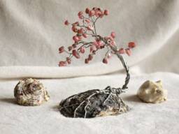 Rhodonite Sculpture, Silver Wire Tree, Tree Of Life, Artificial Bonsai, Seashell Art, Nature Inspired, Housewarming Gift, Pink Gemstone - thumbnail 1