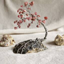 Rhodonite Sculpture, Silver Wire Tree, Tree Of Life, Artificial Bonsai, Seashell Art, Nature Inspired, Housewarming Gift, Pink Gemstone - thumbnail 3