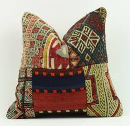 Handwoven Kilim Pillow Cover Vintage Turkish Wool, 16x16 - thumbnail 1