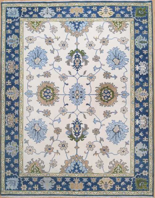Handwoven Wool Oushak Rug, Ivory, Navy Floral, Mid-Century Modern Ar_3657 - image 1