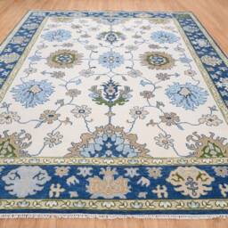 Handwoven Wool Oushak Rug, Ivory, Navy Floral, Mid-Century Modern Ar_3657 - thumbnail 2