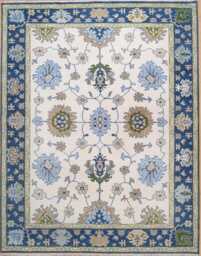 Handwoven Wool Oushak Rug, Ivory, Navy Floral, Mid-Century Modern Ar_3657 - thumbnail 1