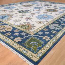 Handwoven Wool Oushak Rug, Ivory, Navy Floral, Mid-Century Modern Ar_3657 - thumbnail 3