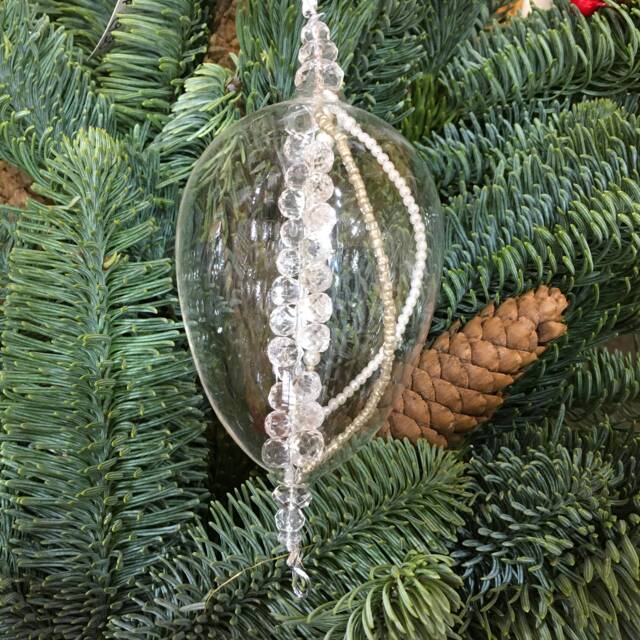 Clear Glass Egg Shaped Decoration With Pearl, & Silver Beads - Hanging Christmas Tree Ornament Holiday Anniversary Wedding Winter Gift - image 1