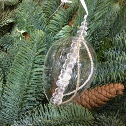 Clear Glass Egg Shaped Decoration With Pearl, & Silver Beads - Hanging Christmas Tree Ornament Holiday Anniversary Wedding Winter Gift - thumbnail 3