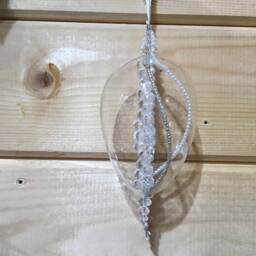 Clear Glass Egg Shaped Decoration With Pearl, & Silver Beads - Hanging Christmas Tree Ornament Holiday Anniversary Wedding Winter Gift - thumbnail 2
