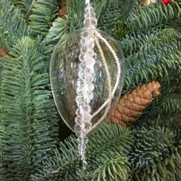 Clear Glass Egg Shaped Decoration With Pearl, & Silver Beads - Hanging Christmas Tree Ornament Holiday Anniversary Wedding Winter Gift