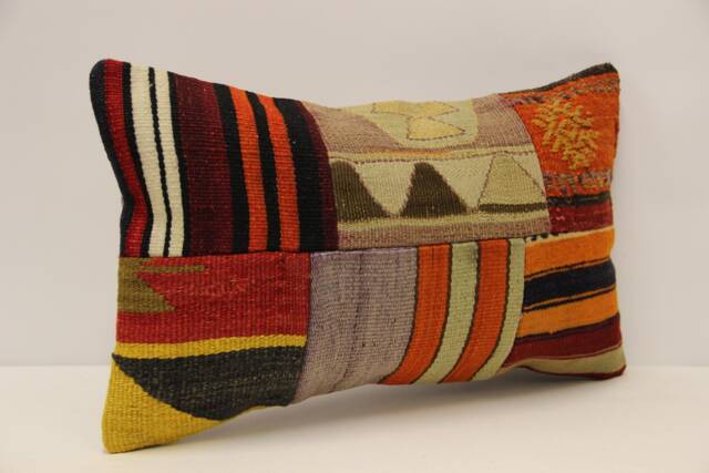 Vintage Turkish Kilim Lumbar Pillow Cover, Patchwork Wool Cushion - 12x20 In - image 1