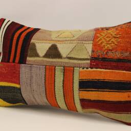 Vintage Turkish Kilim Lumbar Pillow Cover, Patchwork Wool Cushion - 12x20 In - thumbnail 3
