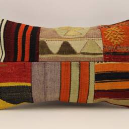 Vintage Turkish Kilim Lumbar Pillow Cover, Patchwork Wool Cushion - 12x20 In - thumbnail 2
