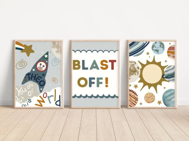 Set Of 3 Space Prints With A Personalised Rocket Print. Perfect For Nursery, Bedroom Or Playroom - Prints Only - image 1