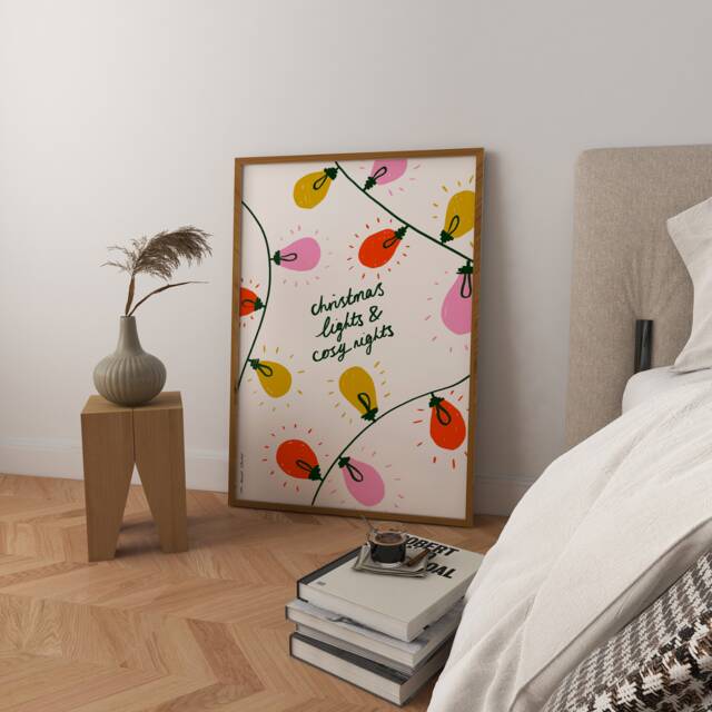 Christmas Lights & Cosy Nights Print Poster, Funny Art, Quotes Art, Tree Lights Winter Festive Wall Art - image 1