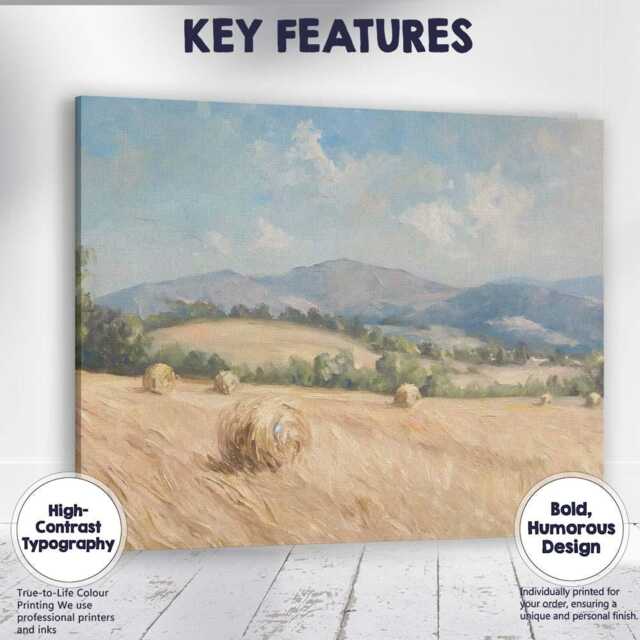 Sunlit Harvest Field Hay Bales Mountain Landscape Canvas Wall Art Print Decor Picture Ready To Hang - image 1