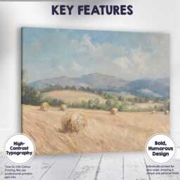 Sunlit Harvest Field Hay Bales Mountain Landscape Canvas Wall Art Print Decor Picture Ready To Hang - thumbnail 1
