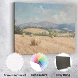 Sunlit Harvest Field Hay Bales Mountain Landscape Canvas Wall Art Print Decor Picture Ready To Hang - thumbnail 2