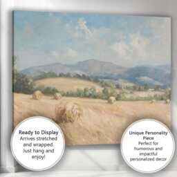Sunlit Harvest Field Hay Bales Mountain Landscape Canvas Wall Art Print Decor Picture Ready To Hang - thumbnail 3