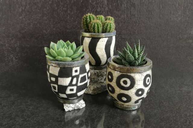 Geometric Raku Ceramic Planters - Black & White Modern Design Handmade Pots For Succulents Single Or Set Of 3 Custom Color - image 1