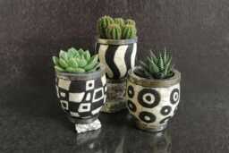 Geometric Raku Ceramic Planters - Black & White Modern Design Handmade Pots For Succulents Single Or Set Of 3 Custom Color - thumbnail 1