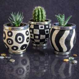 Geometric Raku Ceramic Planters - Black & White Modern Design Handmade Pots For Succulents Single Or Set Of 3 Custom Color - thumbnail 2