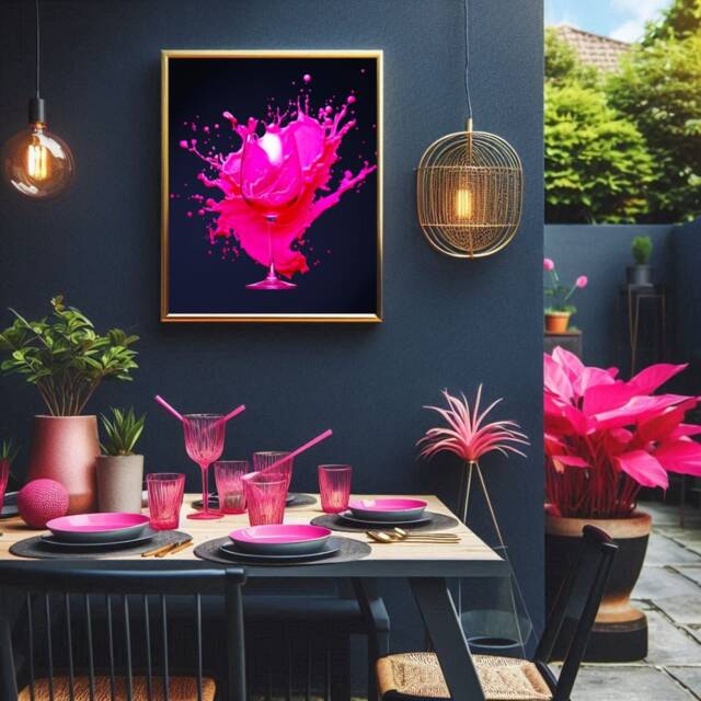 Vibrant Pink Abstract Wine Glass Print - Hot Splash On Dark Blue Background Bold Wine-Inspired Wall Art - image 1