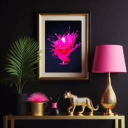 Vibrant Pink Abstract Wine Glass Print - Hot Splash On Dark Blue Background Bold Wine-Inspired Wall Art - thumbnail 2