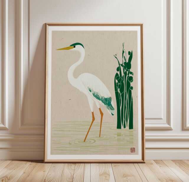 Japanese Heron Poster, Minimal Bird Wall Art, Zen Nature Print - image 1