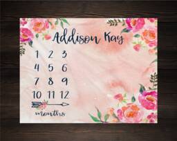 Personalized Baby Blanket Milestone Month Growth Tracker Custom Gift For New Mom Shower Watercolor Floral Newborn - thumbnail 1