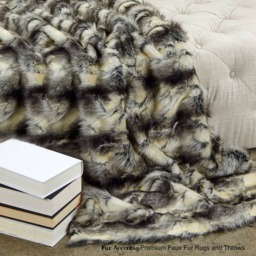 Plush Faux Fur Throw Blanket, Black & Gray Rabbit, Minky Lined