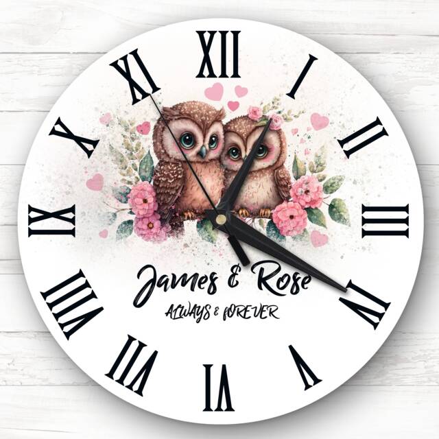 Floral Owl Couple Romantic Anniversary Valentine's Day Gift Personalised Clock - image 1
