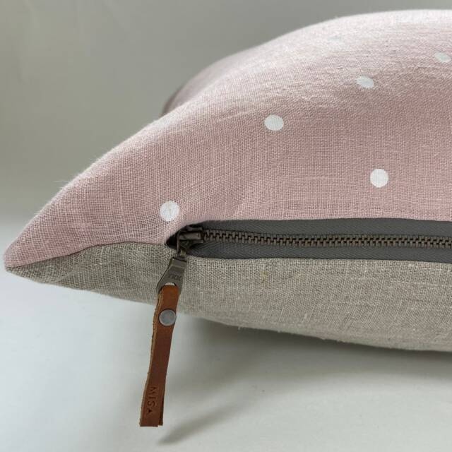 "Pink Pillow Linen Polka Dot Girls Backing Exposed Zipper-Leather Pull 20""22""24""14x24" - image 1