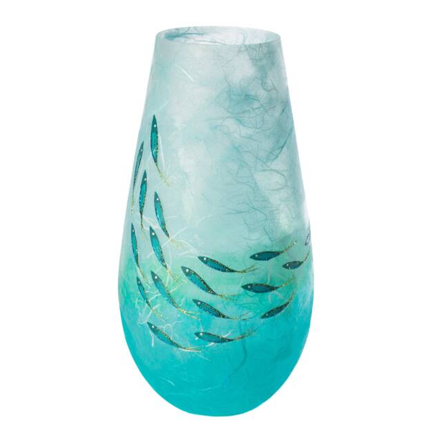 Hand Painted Pear Drop Vase Turquoise Ocean Fish Shoal, Strawsilk Glass Art - image 1