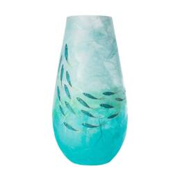 Hand Painted Pear Drop Vase Turquoise Ocean Fish Shoal, Strawsilk Glass Art - thumbnail 2