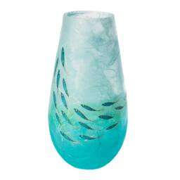 Hand Painted Pear Drop Vase Turquoise Ocean Fish Shoal, Strawsilk Glass Art - thumbnail 1