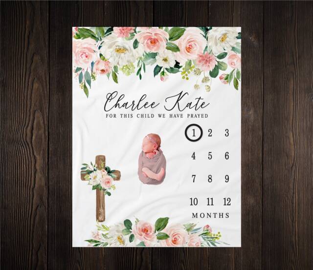 For This Child We Have Prayed Milestone Blanket, Month Growth Tracker, Baby Shower Gift, Baptism Newborn Cross, Church - image 1