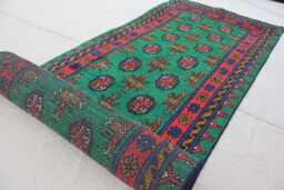 10 Ft Runner Rug, Green Red Natural Veg Dyes Afghan Handmade Wool Tribal Carpet, Turkmen Bukhara Hallway Runner, Kitchen - thumbnail 1