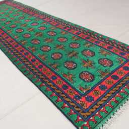 10 Ft Runner Rug, Green Red Natural Veg Dyes Afghan Handmade Wool Tribal Carpet, Turkmen Bukhara Hallway Runner, Kitchen - thumbnail 2