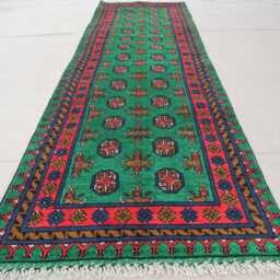 10 Ft Runner Rug, Green Red Natural Veg Dyes Afghan Handmade Wool Tribal Carpet, Turkmen Bukhara Hallway Runner, Kitchen - thumbnail 3
