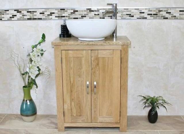 Solid Oak Bathroom Vanity Unit - Travertine Top Ceramic Basin Choice 310Ttcbc - image 1