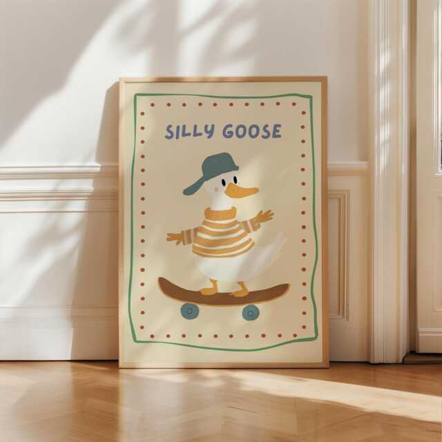 Boy Nursery Room Wall Art, Silly Goose Prints, Baby Decor, Neutral Kids Whimsical Playroom Decor - image 1
