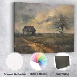 Moody Rural Cottage Countryside Landscape Dramatic Sky Painting Canvas Wall Art Print Decor Picture Ready To Hang - thumbnail 2