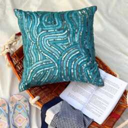 Sequin Sea Creature Pattern Art Silk Aqua Blue Pillow Sham, 24x24/26x26, Beach Style Euro Square Pillowcase - Infinity - thumbnail 1