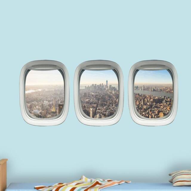 Airplane Decal - Window Frame Cityscape Sticker Pack City Skyline Wall Art Decor Peel & Stick Plane Murals Vwaq-Ppw25 - image 1