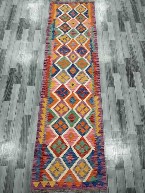 Colourful Runner Rug, Handmade Artisan Afghan Turkish, Scandinavian, Navajo, Bohemian, Flatweave, Natural Wool Kilim Rug 307x83 cm - image 1